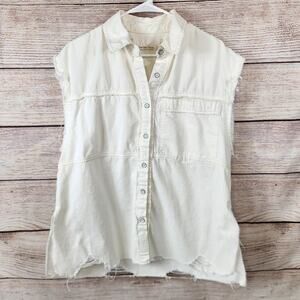 We The Free People Sleeveless Small Denim Shirt Grunge Mechanic Distressed Ivory